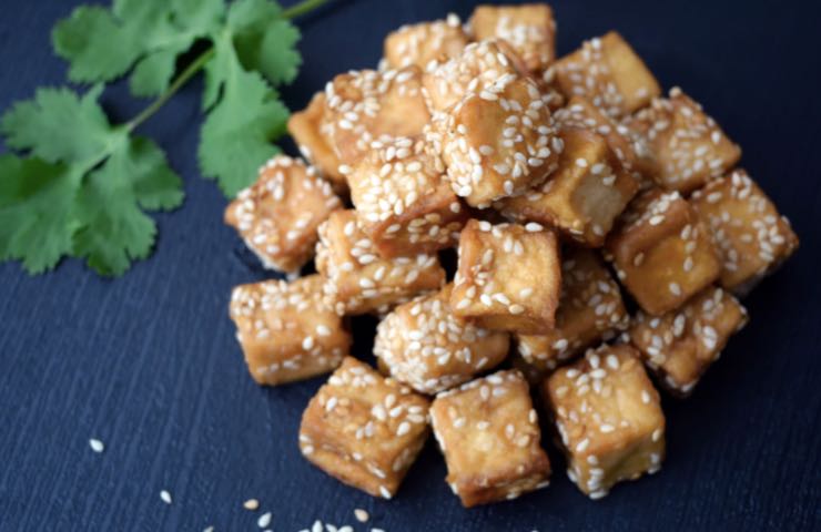 Piatto orientale con tofu tagliato a pezzi 
